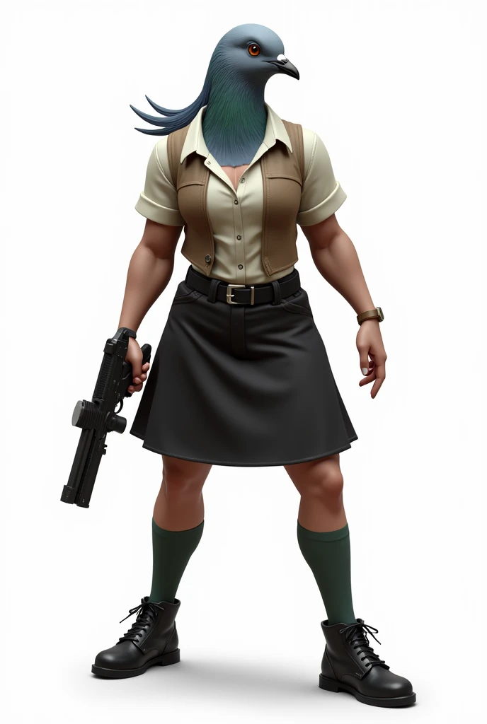 (front:1.6), A gray female pigeon wearing an off-white collared short-sleeved shirt, a light brown vest, a knee-length black skirt, dark green socks and black shoes.、Gray female pigeon with muscles like a bodybuilder shooting a gun、Background is white