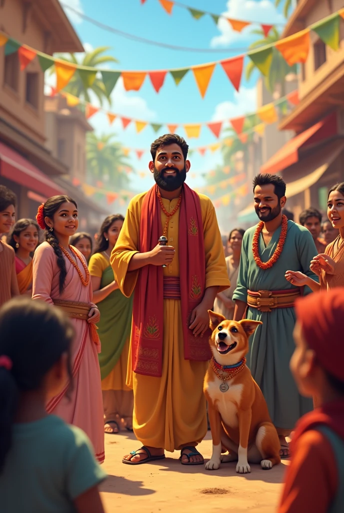**Community Celebration**: Capture the village celebrating Amit and dog bravery, with villagers people expressing their gratitude and admiration.