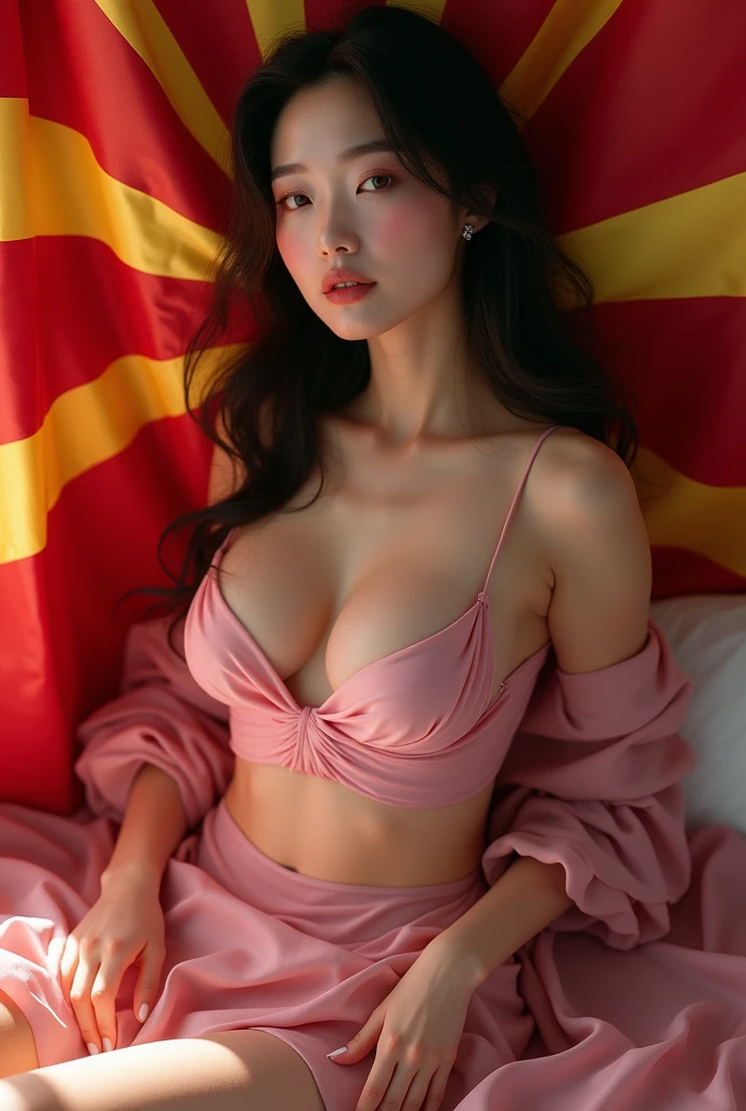 Create a Chinese woman with big boobs in a pink bra and dress next to a Macedonian flag