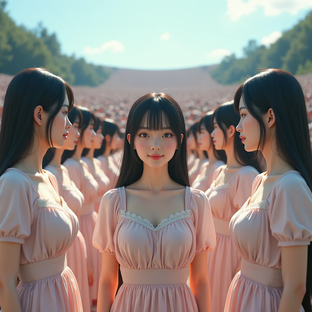 (((((Japanese Clone girls=Myself)))))), (((Best Super High quality Myself Clone girls Raw Photography Art))), (16K, Highest quality, Ultra-high resolution, RAW Photos), (((It&#39;s so unrealistic., With unparalleled depiction, With an unfathomable sight, An unprecedented and shocking worldview, Clone girls in a world of mass reproduction, Ultra-realistic))), (((Japanese, woman, 20yo, Saito-Asuka))), (Small face, ((Thick black hair, Semi-long hair))), ((V-neck short-sleeve dress)), (((((Very detailed美しい女体, Accurate body structure, Very detailed完璧な, Super busty body with very large breasts, Clearly emphasizes cleavage))))), (((Dark Eyes, Mature face, Cute Smile, A gentle gaze))), (((Her happy and smiling expression is so cute))), ((((((((Very detailed分身増殖描写, ((1girl→Myself cloning→1,000,000,000,000,000,000,000,000,000,000,000,000,000,000,000,000,000,000,000,000Myself Clone girls)))))))))), ((((((((Very detailed, The precise depiction of the proliferation of Myself Clone girls, ((With the perfectly identical bodies of Myself clone girls, With the exact same face as the Myself clone girls, With the exact same hairstyle as the Myself clone girls, In the exact same clothes as the girls who are my clones, Perfectly the same height as the Myself clone girls, Super big breasts, just like the Myself clone girls)))))))))), (((Myself clone girls only))), (((Multiple pairs, Very detailed depiction, (Myself clone girls hug each other, Myself clone girls assemble, Fun conversations with fellow Myself clone girls, A fun conversation between Myself clone girls, Myself clone girls holding hands, Walking with lots of Myself clone girls, turn around, look at me)))), (((Everyone looks at the camera))), (((Unbelievably crowded, Transcendent Myself clone girls intimately, Countless Myself clone girls surround you in 360 degrees))), (Bright, soft sunlight), (((Very wide field of view, Very detailed, Detailed ultra-perspective depiction with clear depth, super wide view))), (((((Scenery with a steeply curving slope))))), (((Very photographic and detailed depiction, Myself clone girls will multiply infinitely and fill the surroundings from one side to the horizon with their bodies tightly packed together without any gaps., A scene of endless Myself clone girls and a fun atmosphere))), (Focus on the average value of the image)