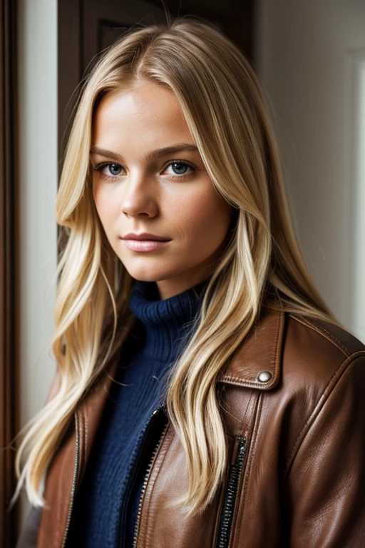 Medium view, of young aged, 1, face portrait, Scandinavian features,long hair, blond hair, high quality, pretty, gorgeous, beautiful, leather jacket over sweater, in cozy fjord home,