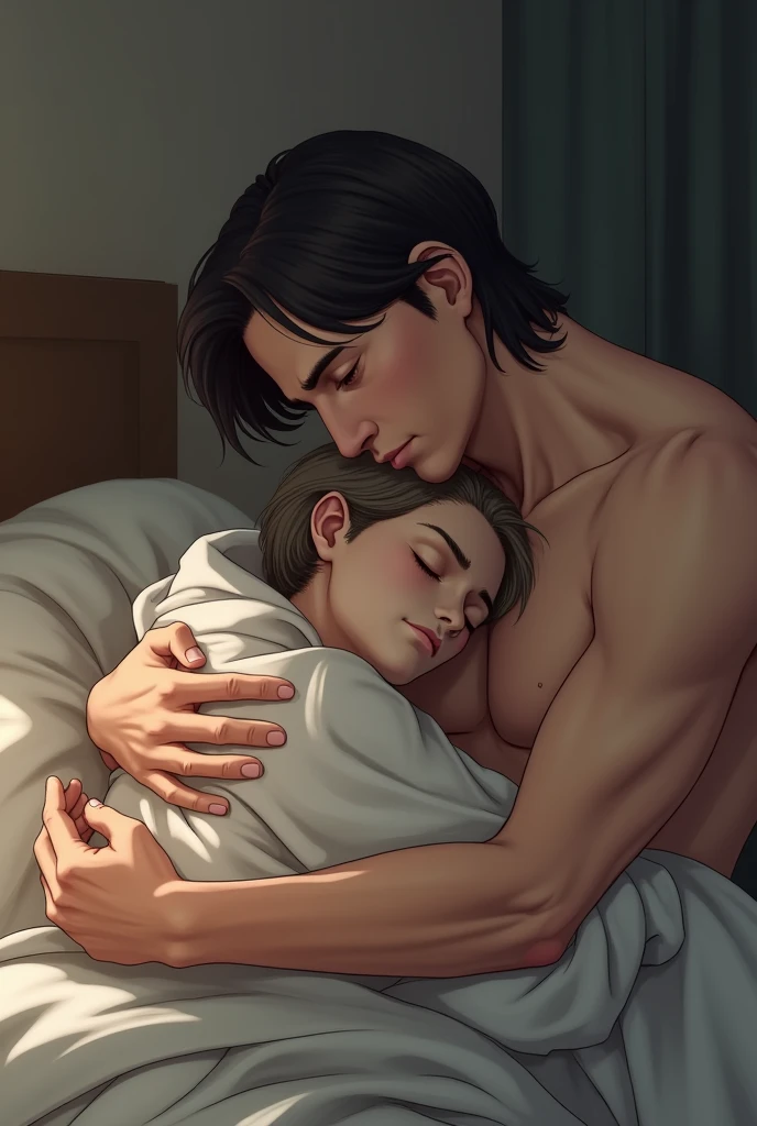 Make a small, frail man lie with his eyes closed on a bed, as if he were dozing peacefully and a man was hugging him from behind, wearing no shirt, with medium hair