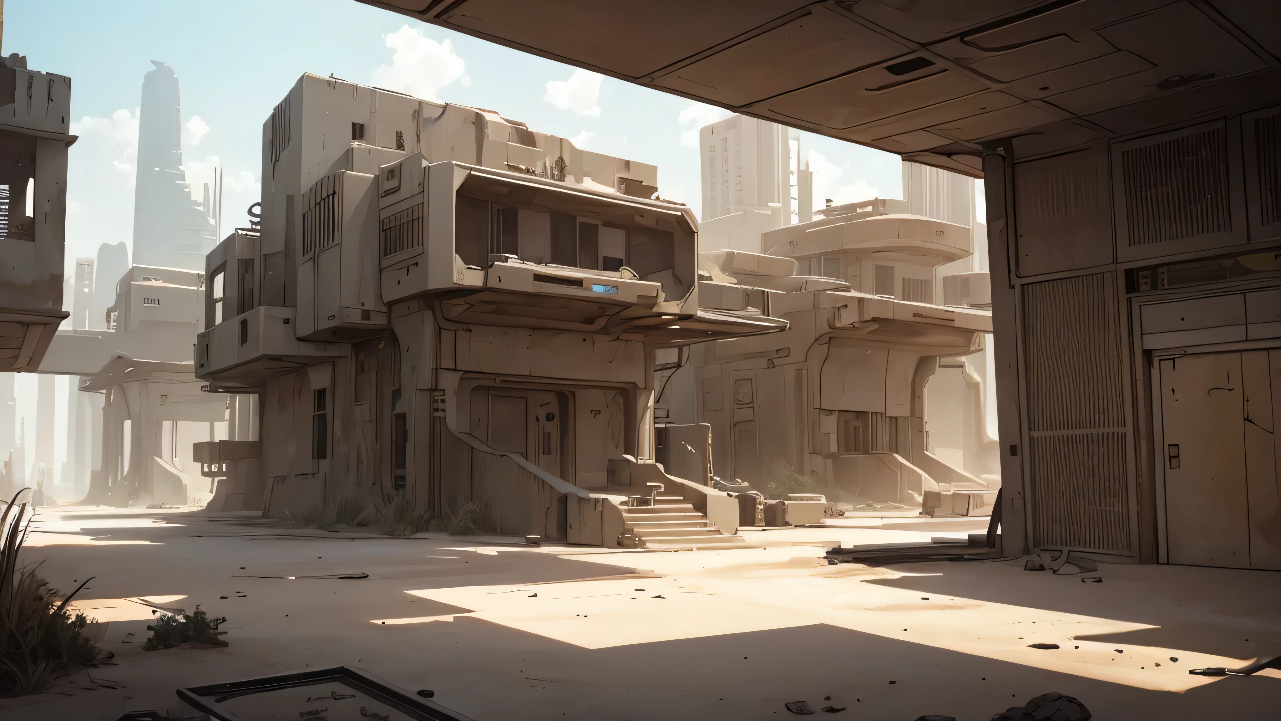 Make a scene of a futuristic laboratory building. sand tones. Dry and arid place. Abandoned futuristic city