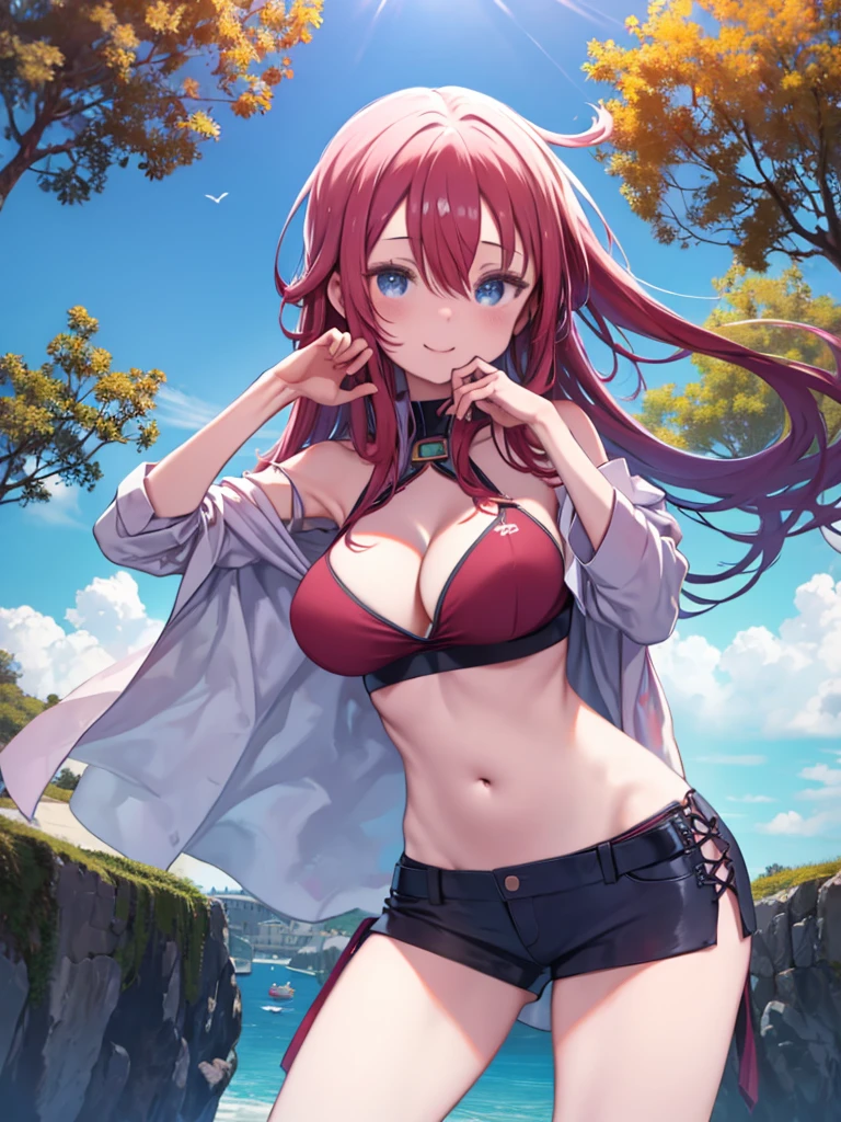One Girl、Red color hair、Hair between the eyes、long hair、Blue Eyes、Big Breasts、Huge breasts、Tight waist、belly button、sunglasses、Shorts、Bikini Swimwear、Cape、Off the shoulder、Cleavage、Cleavage、Hair blowing in the wind、Smiling、Standing in an ancient Greek town、Angle from below、Touching your hair、Elbows at face height、blue sky、Photographed from an angle、Gravure idol pose、sexy、lure、