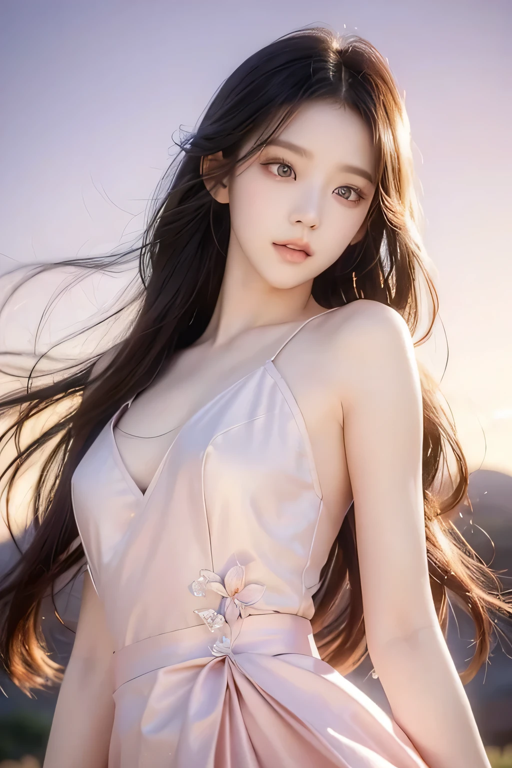 Jisoo, fairycore, long hair, beautiful detailed eyes, beautiful detailed lips, extremely detailed face, longeyelashes, elegant pose, dramatic lighting, cinematic, chiaroscuro, dramatic shadows, pink hour, atmospheric, photorealistic, 8k, best quality, masterpiece, meadow background