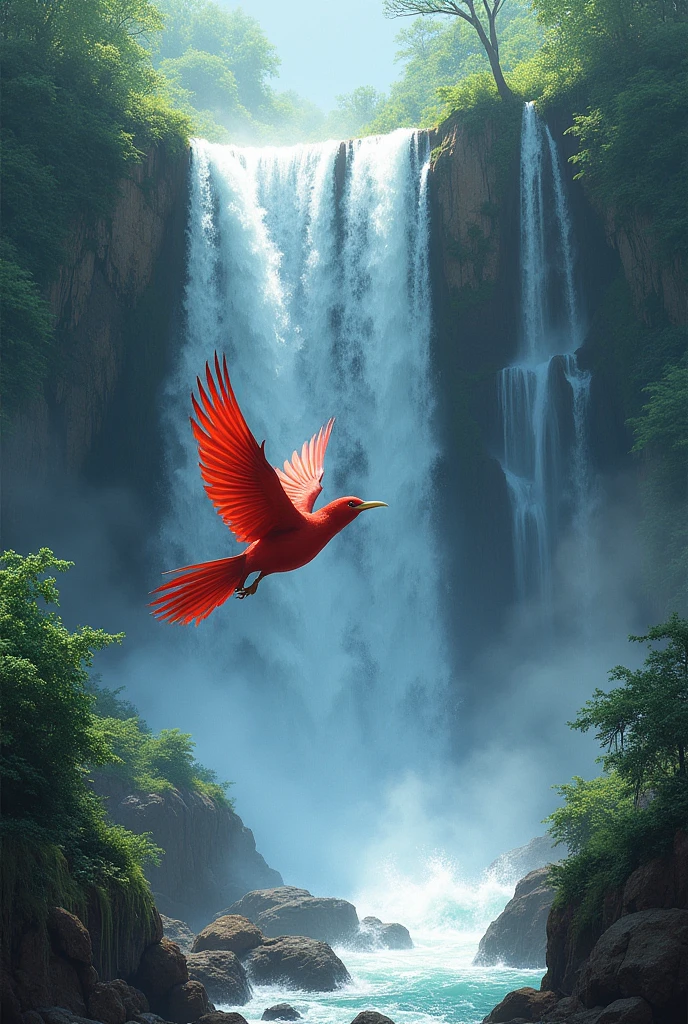 A red call moving in waterfall