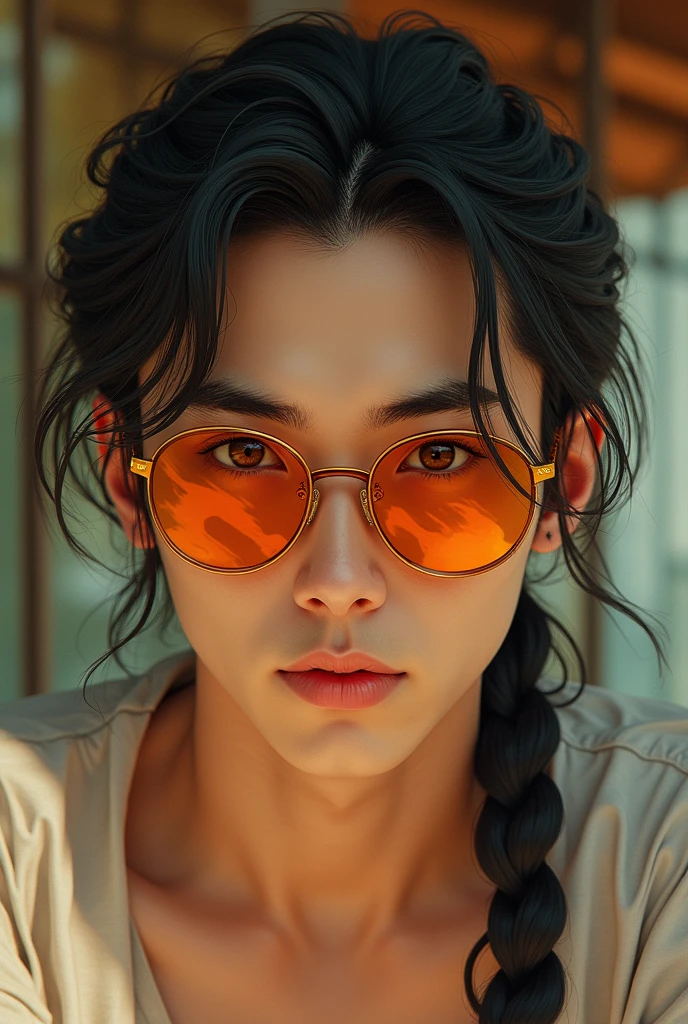 (photorealism:1.2), Japanese man, has mullet hair tied in French braid, has sleepy green eyes, wearing orange sunglasses, has aquiline nose, has sharp jawline, facing camera, relaxed pose, realistic, intricate details, warm colors, by Greg Rutkowski, by Alphonse Mucha