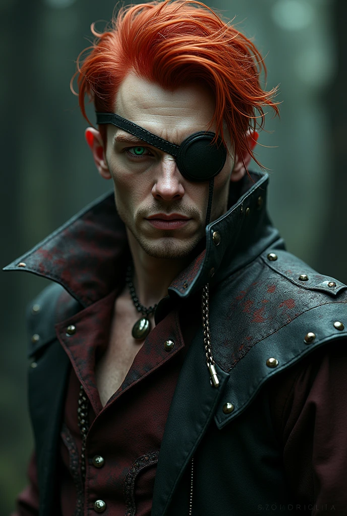 An adult man with red hair and one eye with an eye patch and the other green., with worn out vampire colored clothes