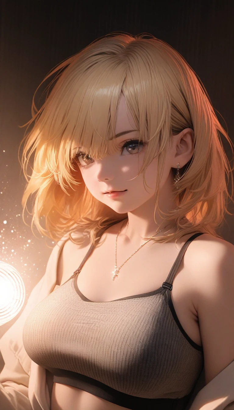 The image is a digital artwork of a blonde woman lying in bed.。. She has large breasts and is wearing a bra. Super Resolution, Megapixels, Prophoto RGB, virtual reality, strong, amazing, ハーフBacklight, Backlight, Natural light, incandescent lamp, fiber Optics, Lighting Mood Lighting, Cinema Lighting, Studio Lighting, Soft lighting, Volumetric, Crisp contrast, Dim lighting, Accent lighting, グローバルイルミネーション投Shadow, Screen Space Global Illumination, Ray-Traced Global Illumination, Red fringe lights, 45% Cool color gradation, Optics, scattering, Glare, Shadow, Hyperrealism, Caustic water, Refractioned water, Anatomically correct, Super Detail, high quality, 4K , Glowing Skin, , rtrophto1,