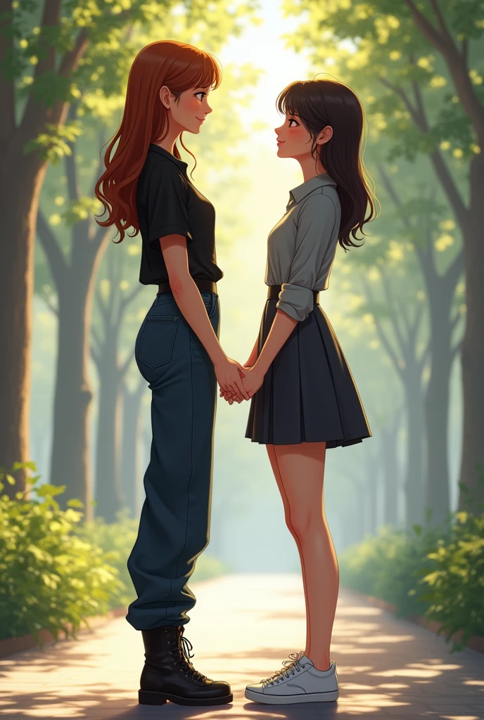 Two young Thai women, one being taller, chestnut hair, Caucasian skin, dark, slanted eyes, being 30 years old, wearing a black shirt and baggy jeans, black boot, businesswoman. With one by his side who is supposedly his girlfriend, between 20 and 2, a thai asian, slanted eyes, wearing a thigh-high dress, tennis, Caucasian skin cabelo médio. They are in a place that tonight is a quiet environment. one next to the other, looking forward. Hand in hand. Grinning.