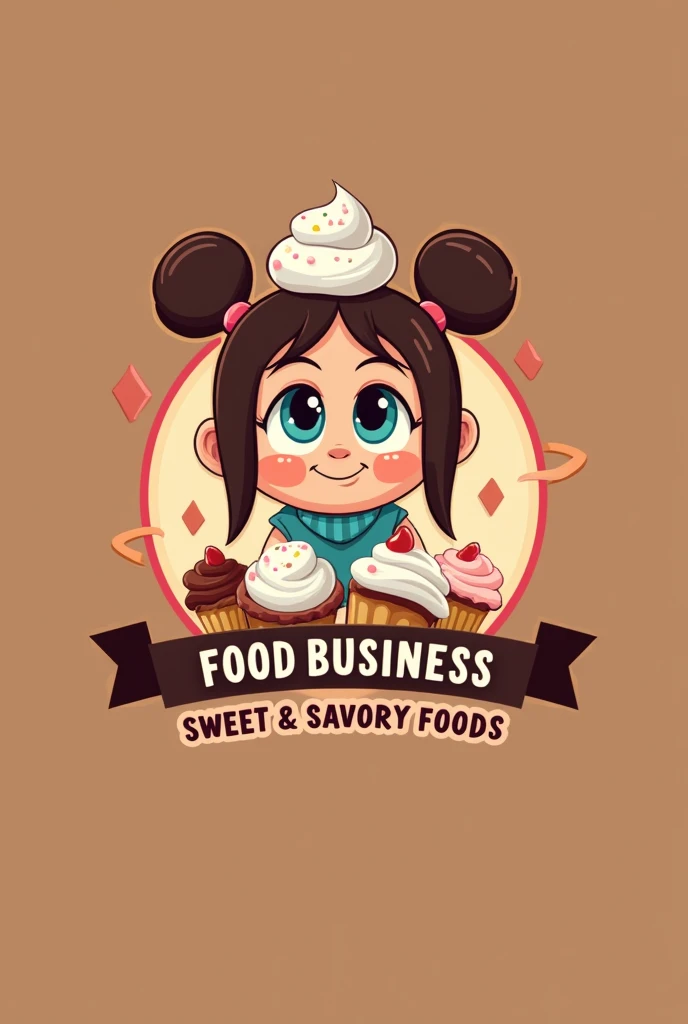 A logo for a dessert business like ladies, sweet and salty things but the character that appears there is the Boo from the not so animated Monster Inc movie and that draws the attention of customers and has the title Boo and the subtitles Food Business, sweet, savory foods