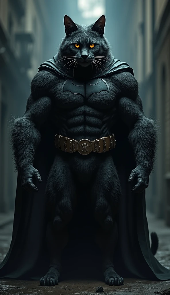 A big, burly cat that looks like Batman