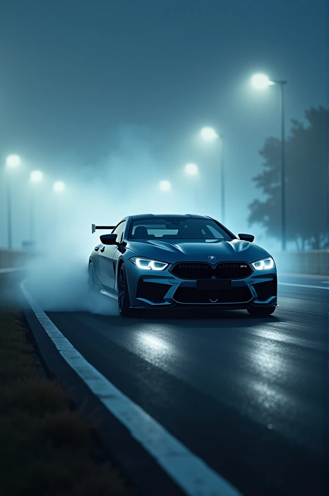A BMW M8 Competition series at the race track at night in fog
