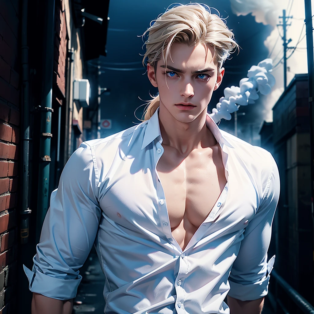 -Create 1 boy -He wears a formal white shirt, showing his chest a little uncovered - Formal black pants - He has tattoos on his arms - He wears a watch on his left hand - He has long hair, that fall disheveled waves -Has broad shoulders -Has a slim body -Has a muscular body -Silver blonde hair -His skin tone is pale -Bright blue eyes -Smoke coming out of his mouth -His personality should convey sadness and loneliness -Penetrating gaze -Attractive face -Marked and thin jaw -With a background of a dark abandoned alley
*You can play with the background lighting