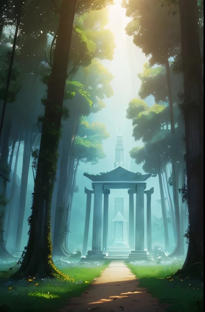 there is a small white building in the middle of a field, a picture by Pogus Caesar, cg society contest winner, romanticism, mysterious temple setting, a mystical temple, background depicting a temple, secret overgrown temple, entrance to ethereal realm, temple background, portal to the ethereal realm, mythical shrine, beautiful anime scene, the most beautiful scene