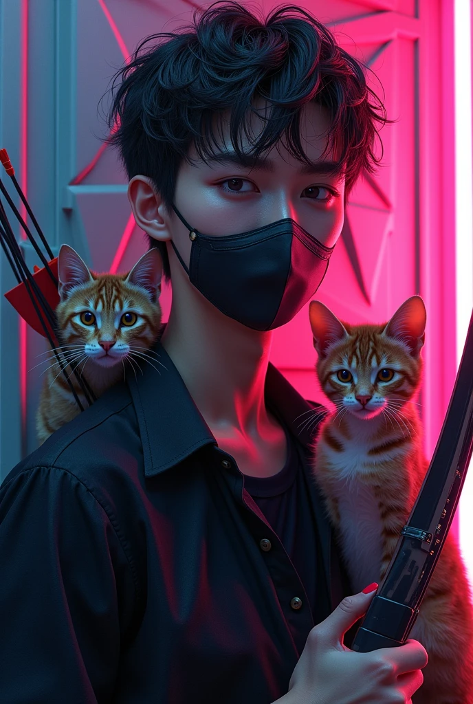 Creat ultra realistic  boy .he is in a black shirt with a face mask.the background is a cyber style wall . And also will be handsome and smart.and there he have a bow with arrow and with a cat