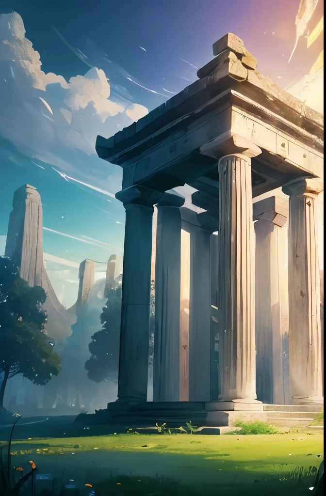 there is a small white building in the middle of a field, a picture by Pogus Caesar, cg society contest winner, romanticism, mysterious temple setting, a mystical temple, background depicting a temple, secret overgrown temple, entrance to ethereal realm, temple background, portal to the ethereal realm, mythical shrine, beautiful anime scene, the most beautiful scene