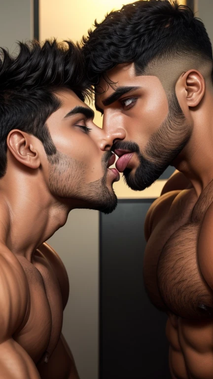 Pehlwan man Indian Gurjar gay couple wetty mouth to mouth tounge to tounge kissing and sucking lower lip, bitting lower lip during kissing saliva dripping from mouth with big shinning eyes big lips wide jawline beautiful hunk face spiky black hairstyle, seductive kissing in office 