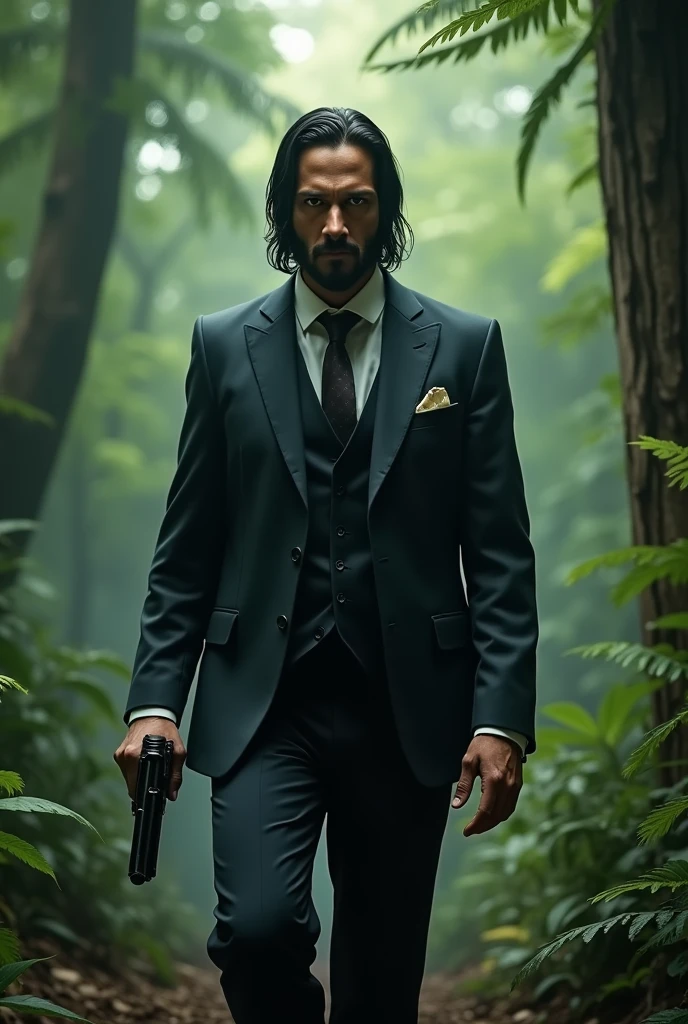 Generate picture of Mahesh Babu in forest where he looks like John wick holding a gun ready to fight with lion