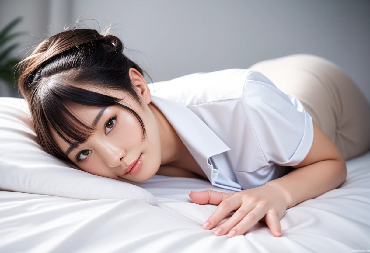 8k, raw photo, best quality, masterpiece, realistic, photo realistic, clear, professional lighting, beautiful face, best quality,ultra high res, realistic japanese, Super detailed, detailed fingers, 1women,  shiny hair, detailed hair, lying down