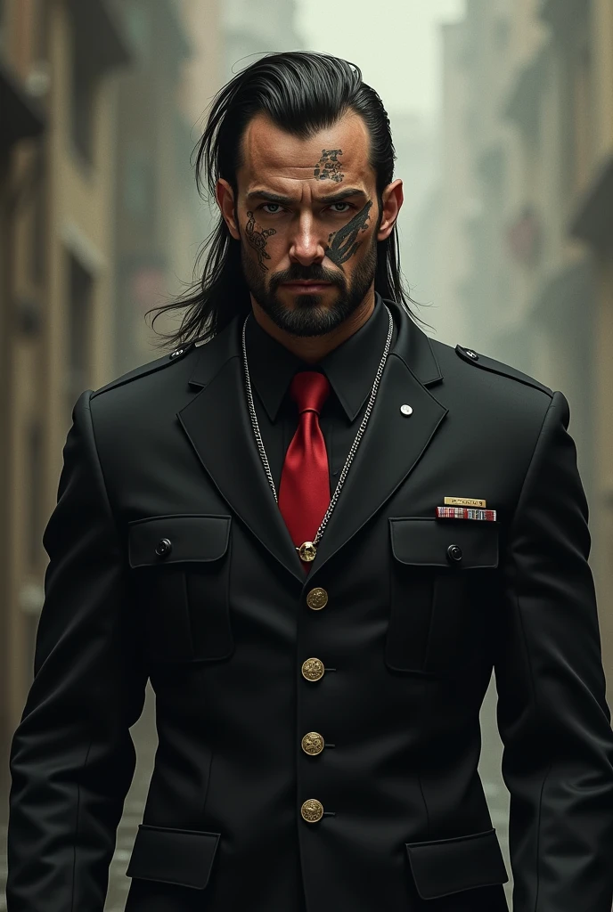 Dan Forester was a military lieutenant... One with 5 war traumas and about 25 scars all over his body, he was tall... like 1,98 meters, He had a cool hairstyle like a mullet but long and with cool hair and he had a clean beard and a short mustache., He had a scar on his cheek down to his neck and a tattoo of 5 skulls on his forehead connected by 5 names tattooed on his jaw down to the bottom of his neck., His body was athletic and he wore an all black suit with a red tie and a plate necklace., He had a cold and serious look but was helpful and serene.
