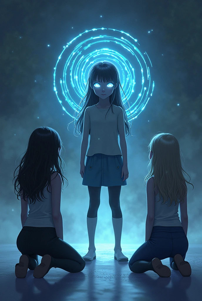 (A ( girl , Magical spiral eyes , fighting two beautiful girls they are wearing legging, they got Hypnotized when they see into his eyes ,thees eyes also start glowing like the girls and knees on the floor and kiss her feet