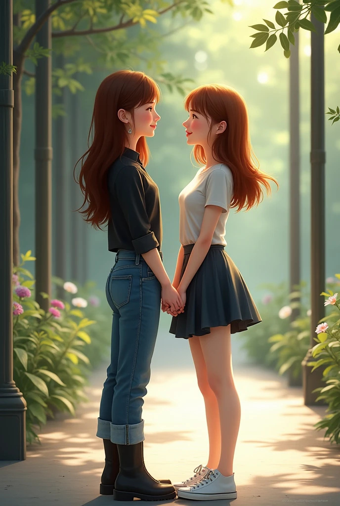 Two young Thai women, one being taller, chestnut hair, Caucasian skin, dark, slanted eyes, being 30 years old, wearing a black shirt and baggy jeans, black boot, businesswoman. With one by his side who is supposedly his girlfriend, between 20 and 2, a thai asian, slanted eyes, wearing a thigh-high dress, tennis, Caucasian skin cabelo médio. They are in a place that tonight is a quiet environment. one next to the other, looking forward. Hand in hand. Grinning.