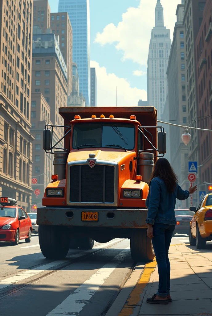 A dump truck in any city, a female pedestrian signaling for a ride.