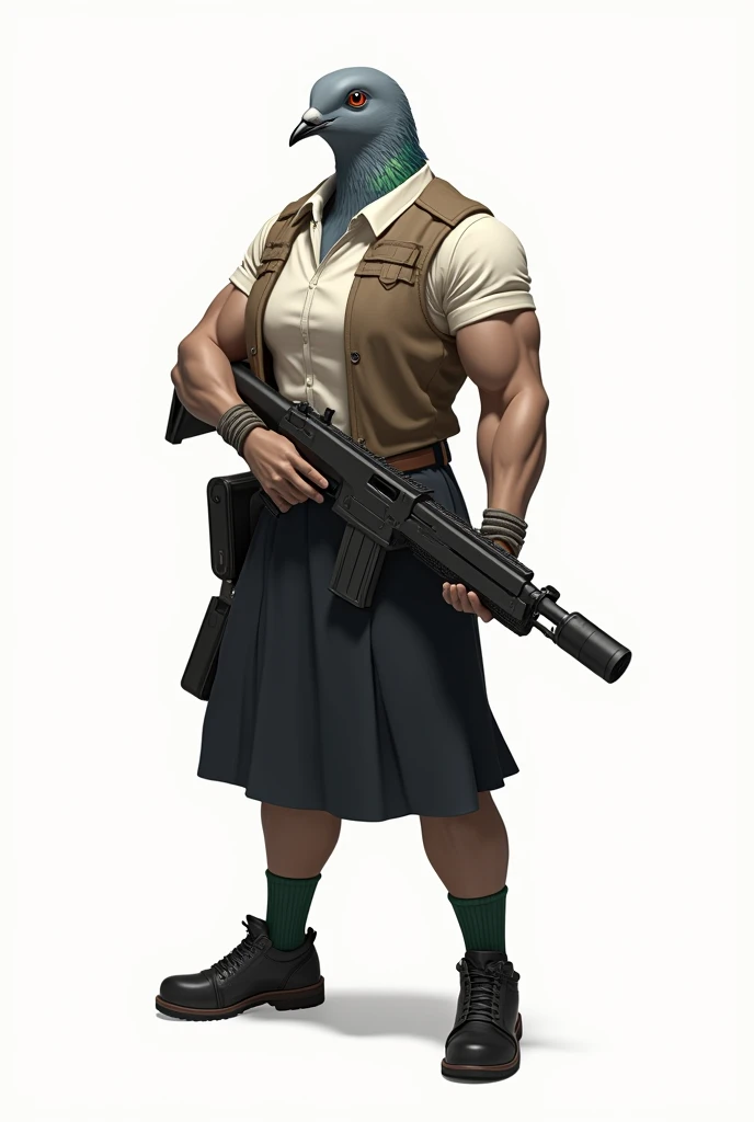 (front:1.6), A gray female pigeon wearing an off-white collared short-sleeved shirt, a light brown vest, a knee-length black skirt, dark green socks and black shoes.、Gray female pigeon with muscles like a bodybuilder shooting a gun、Background is white