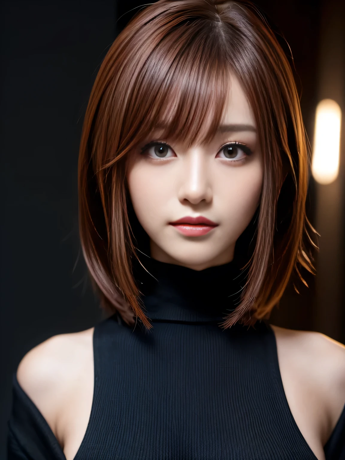 masterpiece, best quality, ultra-detailed, intricately detailed hyperdetailed, realistic, sharp features, highly detailed, sharp focus, Cute Japanese, young adult, perfect face, perfect face, perfect symmetrically perfect eyes, perfect full lips, flexible female form, hyper detailed, hyper realistic, high resolution, vibrant, dynamic studio lighting, Moody Lighting, Underexpose Lighting, ((Dark background)), (discret smile), Red hair, asymmetrical hair, asymmetrical bangs, brown Eyes, black sweater, cowboy shot,