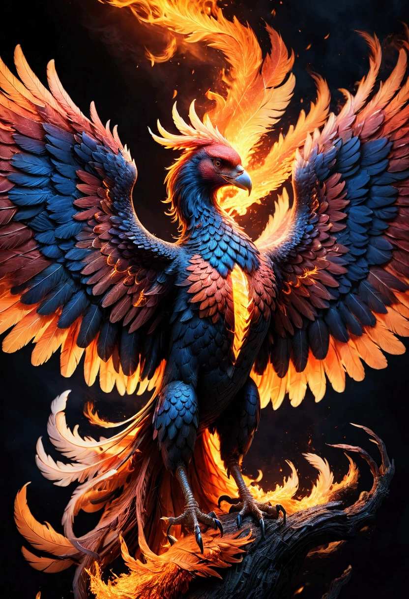 Phoenix, a majestic phoenix, detailed feathers, dramatic lighting, vibrant colors, 8k, highly detailed, intricate texture, glowing embers, sweeping wings, mythical creature, fantasy art, dramatic pose, fiery atmosphere, cinematic composition, masterpiece, best quality, very aesthetic, absurdres