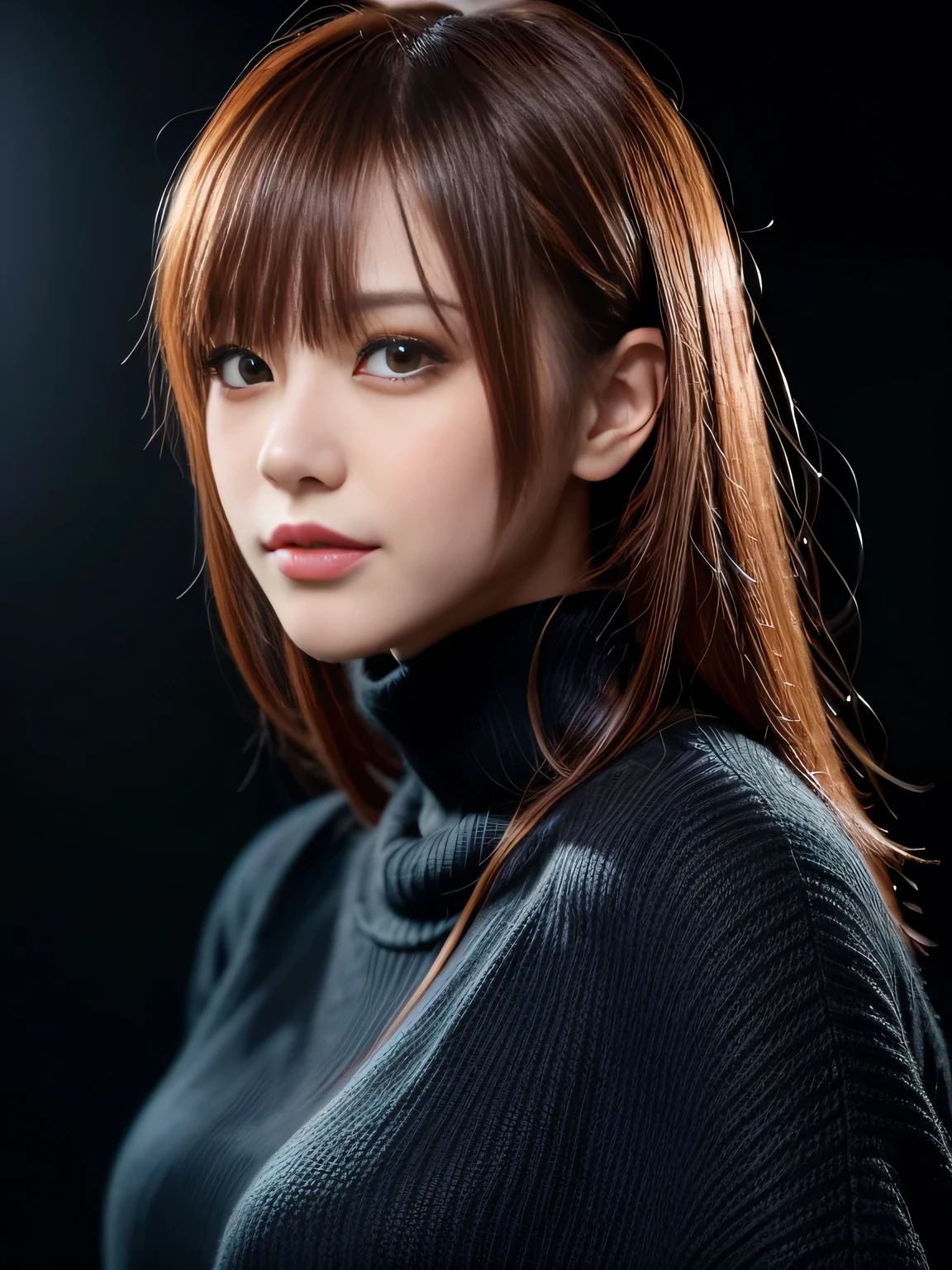 masterpiece, best quality, ultra-detailed, intricately detailed hyperdetailed, realistic, sharp features, highly detailed, sharp focus, e Japanese, youult, perfect face, perfect face, perfect symmetrically perfect eyes, perfect full lips, flexible female form, hyper detailed, hyper realistic, high resolution, vibrant, dynamic studio lighting, Moody Lighting, Underexpose Lighting, ((Dark background)), (discret smile), Red hair, asymmetrical hair, asymmetrical bangs, brown Eyes, black sweater, cowboy shot,