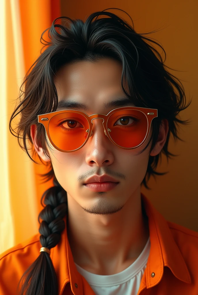 (photorealism:1.2), Japanese man, has mullet shaggy hair tied in French braid, has sleepy green eyes, wearing orange sunglasses, has aquiline nose, has sharp jawline, facing camera, relaxed pose, realistic, intricate details, warm colors, by Greg Rutkowski, by Alphonse Mucha