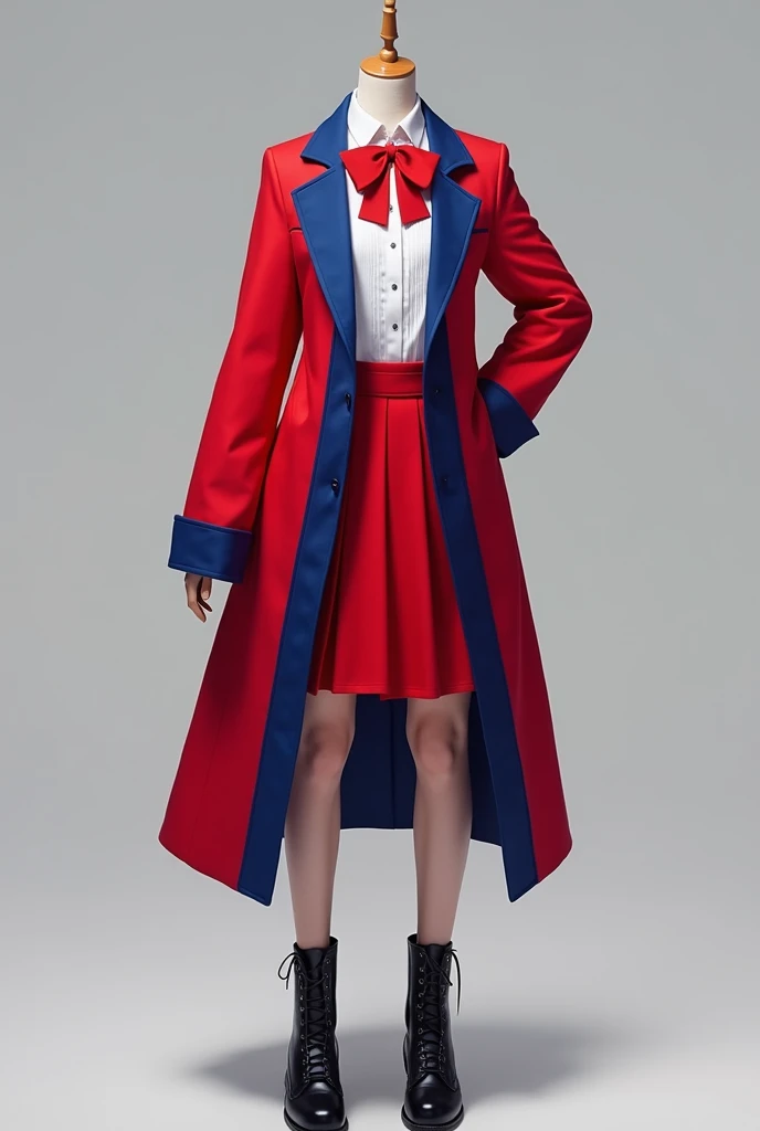 Korean school uniform set: bright red and blue outer coat, red skirt, red bow tie, black boots with laces
