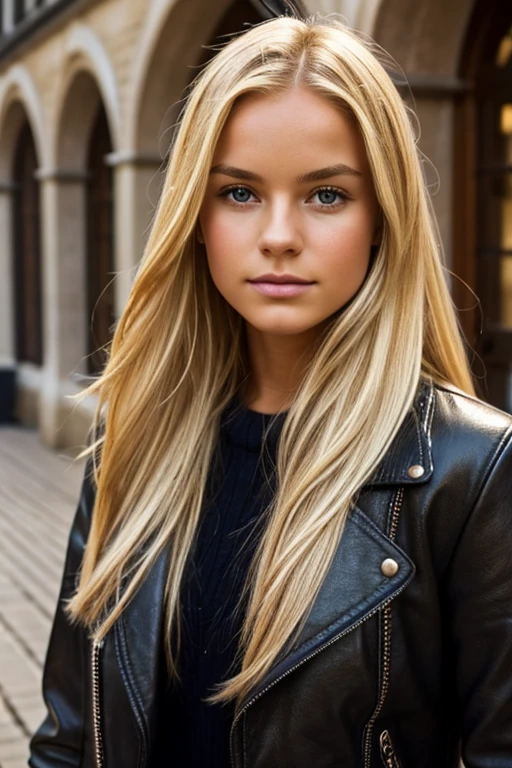 Medium view, of young aged, 1, face portrait, Scandinavian features,long hair, blond hair, high quality, pretty, gorgeous, beautiful, black leather jacket over sweater, in cozy college courtyard,