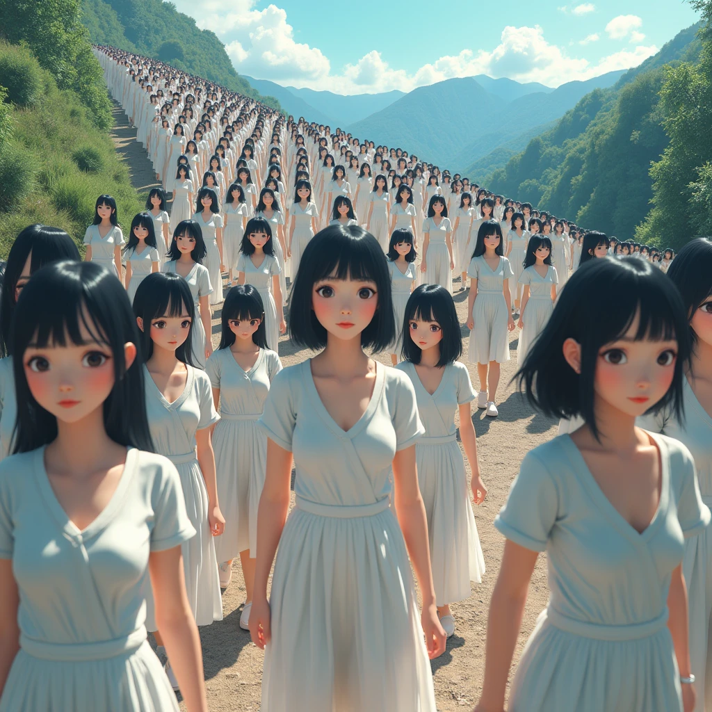 (((((Japanese Clone girls=Myself)))))), (((Best Super High quality Myself Clone girls Raw Photography Art))), (16K, Highest quality, Ultra-high resolution, RAW Photos), (((It's so unrealistic., With unparalleled depiction, With an unfathomable sight, An unprecedented and shocking worldview, Clone girls in a world of mass reproduction, Ultra-realistic))), (((Japanese, woman, 20yo, Saito-Asuka))), (Small face, ((Thick black hair, Semi-long hair))), ((V-neck short-sleeve dress)), (((((Very detailed美しい女体, Accurate body structure, Very detailed完璧な, Super busty body with very large breasts, Clearly emphasizes cleavage))))), (((Dark Eyes, Mature face, Cute Smile, A gentle gaze))), (((Her happy and smiling expression is so cute))), ((((((((Very detailed分身増殖描写, ((1girl→Myself cloning→1,000,000,000,000,000,000,000,000,000,000,000,000,000,000,000,000,000,000,000,000Myself Clone girls)))))))))), ((((((((Very detailed, The precise depiction of the proliferation of Myself Clone girls, ((With the perfectly identical bodies of Myself clone girls, With the exact same face as the Myself clone girls, With the exact same hairstyle as the Myself clone girls, In the exact same clothes as the girls who are my clones, Perfectly the same height as the Myself clone girls, Super big breasts, just like the Myself clone girls)))))))))), (((Myself clone girls only))), (((Multiple pairs, Very detailed depiction, (Myself clone girls hug each other, Myself clone girls assemble, Fun conversations with fellow Myself clone girls, A fun conversation between Myself clone girls, Myself clone girls holding hands, Walking with lots of Myself clone girls, turn around, Look at me, they say.)))), (((Everyone looks at the camera))), (((Unbelievably crowded, Transcendent Myself clone girls intimately, Countless Myself clone girls surround you in 360 degrees))), (Bright, soft sunlight), (((Very wide field of view, Very detailed, Detailed ultra-perspective depiction with clear depth, super wide view))), (((((Scenery with a steeply curving slope))))), (((Very photographic and detailed depiction, Myself clone girls will multiply infinitely and fill the surroundings from one side to the horizon with their bodies tightly packed together without any gaps., A scene of endless Myself clone girls and a fun atmosphere))), (Focus on the average value of the image)