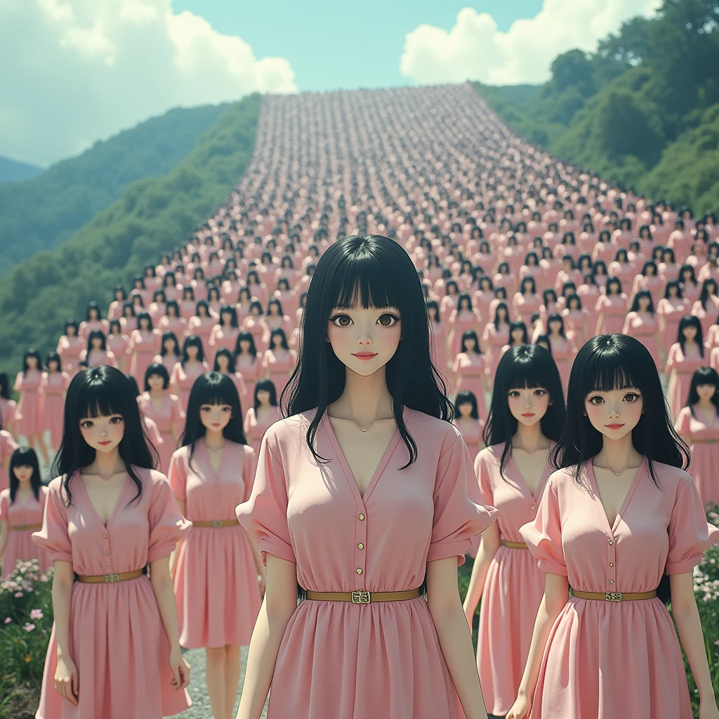 (((((Japanese Clone girls=Myself)))))), (((Best Super High quality Myself Clone girls Raw Photography Art))), (16K, Highest quality, Ultra-high resolution, RAW Photos), (((It&#39;s so unrealistic., With unparalleled depiction, With an unfathomable sight, An unprecedented and shocking worldview, Clone girls in a world of mass reproduction, Ultra-realistic))), (((Japanese, woman, 20yo, Saito-Asuka))), (Small face, ((Thick black hair, Semi-long hair))), ((V-neck short-sleeve dress)), (((((Very detailed美しい女体, Accurate body structure, Very detailed完璧な, Super busty body with very large breasts, Clearly emphasizes cleavage))))), (((Dark Eyes, Mature face, Cute Smile, A gentle gaze))), (((Her happy and smiling expression is so cute))), ((((((((Very detailed分身増殖描写, ((1girl→Myself cloning→1,000,000,000,000,000,000,000,000,000,000,000,000,000,000,000,000,000,000,000,000Myself Clone girls)))))))))), ((((((((Very detailed, The precise depiction of the proliferation of Myself Clone girls, ((With the perfectly identical bodies of Myself clone girls, With the exact same face as the Myself clone girls, With the exact same hairstyle as the Myself clone girls, In the exact same clothes as the girls who are my clones, Perfectly the same height as the Myself clone girls, Super big breasts, just like the Myself clone girls)))))))))), (((Myself clone girls only))), (((Multiple pairs, Very detailed depiction, (Myself clone girls hug each other, Myself clone girls assemble, Fun conversations with fellow Myself clone girls, A fun conversation between Myself clone girls, Myself clone girls holding hands, Walking with lots of Myself clone girls, turn around, Look at me, they say.)))), (((Everyone looks at the camera))), (((Unbelievably crowded, Transcendent Myself clone girls intimately, Countless Myself clone girls surround you in 360 degrees))), (Bright, soft sunlight), (((Very wide field of view, Very detailed, Detailed ultra-perspective depiction with clear depth, super wide view))), (((((Scenery with a steeply curving slope))))), (((Very photographic and detailed depiction, Myself clone girls will multiply infinitely and fill the surroundings from one side to the horizon with their bodies tightly packed together without any gaps., A scene of endless Myself clone girls and a fun atmosphere))), (Focus on the average value of the image)