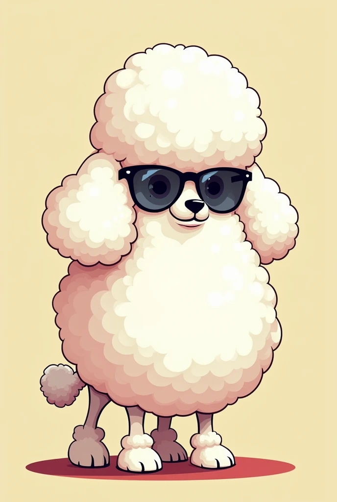 Create a cartoon design of a snooty giant poodle dog with sunglasses standing proudly in front of himself for a book cover