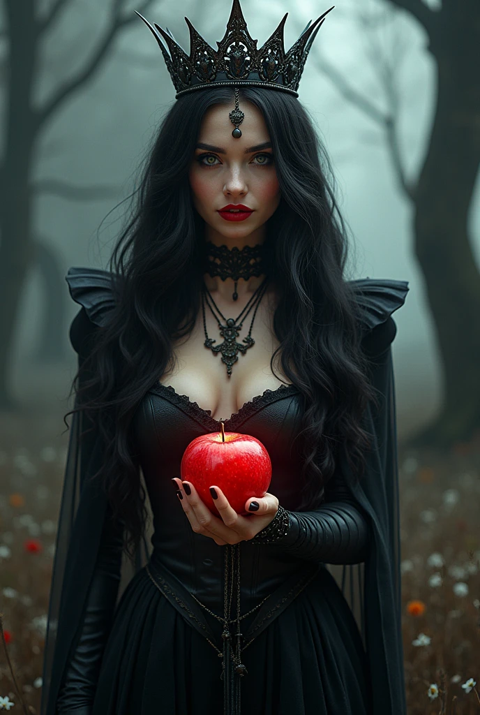 Girl,Black long hair,Black Queen,accessories,Apple in hand,Poison apples,Witch Queen,Red lipstick