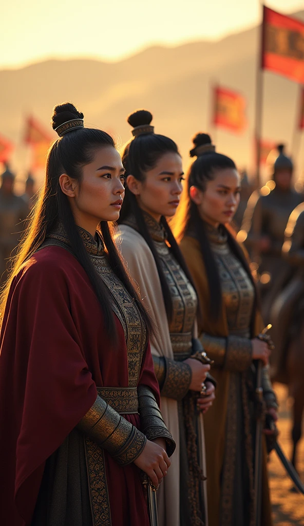 **Photo Scene Prompt for SeaArt.AI Captured with a Canon EOS 5D Mark IV: Daughters Safeguarding the Mongol Homeland**
*Scene Setup:* The image captures a powerful moment where Genghis Khan’s daughters are positioned at the borders of the Mongol homeland, standing tall and resolute. They are dressed in battle-ready yet royal attire, reflecting their dual roles as rulers and warriors. Behind them, the formidable Mongol army is arrayed, with soldiers on horseback, holding spears and banners, ready to defend the empire against any impending threat.
*Lens and Focus Settings:* Captured with a Canon EOS 5D Mark IV using a 35mm f/1.4 lens, the focus is sharp on the daughters in the foreground, highlighting their determined expressions and the detailed textures of their attire. The army in the background is slightly blurred but still recognizable, creating a sense of depth and emphasizing the scale of the military force.
*Lighting and Mood:* The lighting is dramatic, with the scene set at dawn, casting a golden light that illuminates the daughters and reflects off the armor and weapons of the soldiers. The mood is one of readiness and unyielding strength, with the daughters embodying the resolve to protect their homeland.
*Character and Background Details:* The daughters stand with swords or other symbols of leadership, their faces showing both determination and calm authority. The Mongol army behind them is vast, with details like banners waving in the wind and horses pawing at the ground, ready for battle. The background shows the rugged terrain of the Mongol homeland, with mountains or rolling steppes that highlight the harsh, yet beautiful environment they are defending.
*Final Touches:* The color palette includes the warm tones of the early morning light contrasted with the cool, metallic hues of armor and weapons. The final image conveys a sense of unity and strength, with Genghis Khan’s daughters symbolizing the fierce protection of their empire's borders, ready