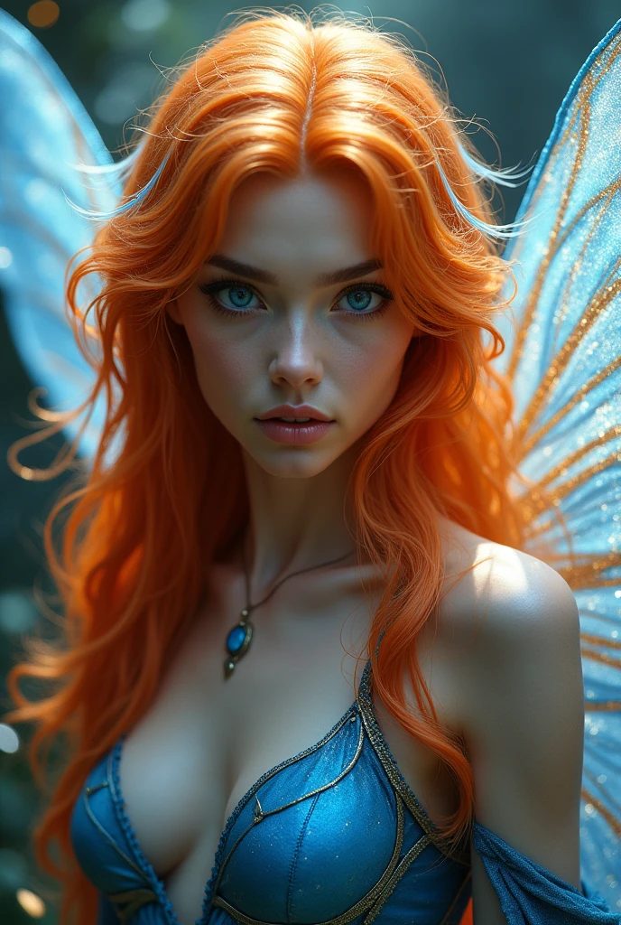 An adult fairy with long fiery orange hair with white highlights, which is about 20 years old. she has blue eyes, blue-orange shimmering wings. She has a serious expression on her face.