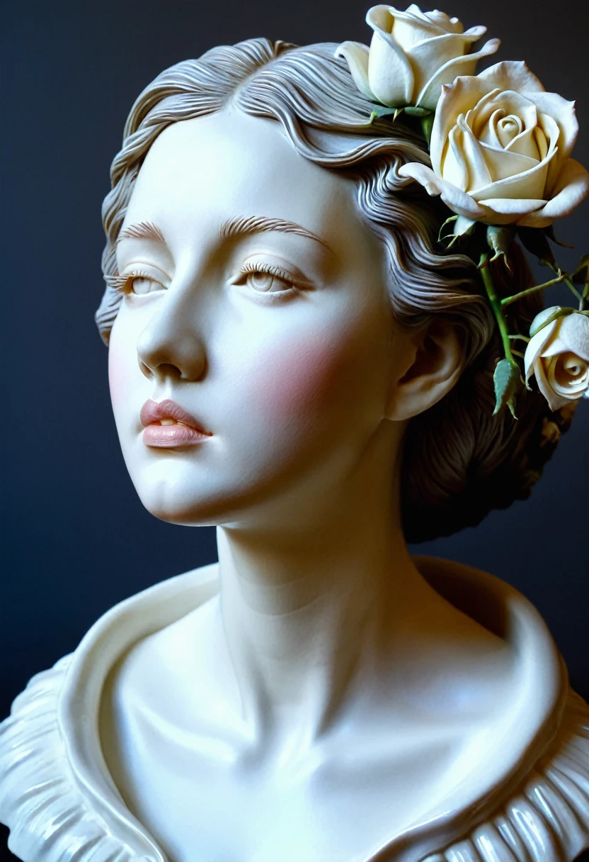 a close up of a Sculpture of a woman with a broken head, разбandтое фарфоровое лandцо, porcelain bust, Таянandе лandца, [Sculpture] and [гandперреалandзм], потрясающе красandвое andскусство, кandберпанк кandборг. roses, porcelain Sculpture, hypperrealistic 3 d Sculpture, Эйко Исandока, бабочкand