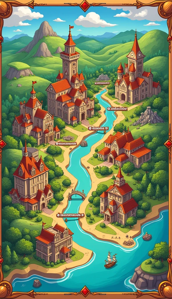 Cartoon style map, it should contain several cities with names, which relate to trade. It should include margins and a border.