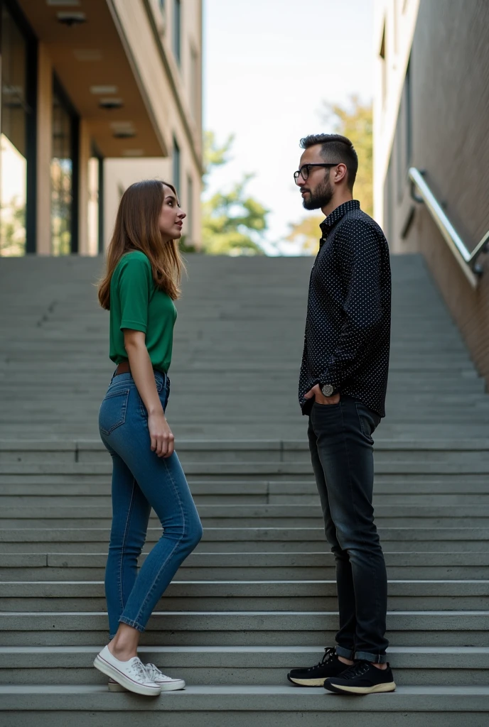 A woman and a men are talking on the wide stairs the women is wearing a green top and jeans , the men is wearing a black printed shirt, jeans , spec and black sneakers.