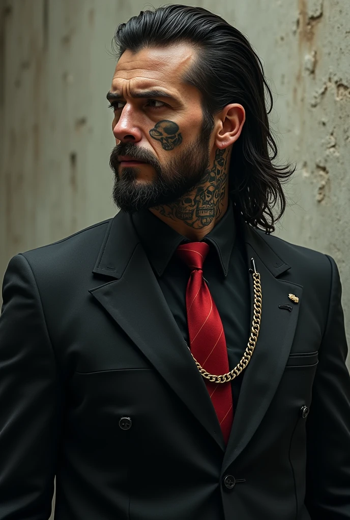 Dan Forester was a military lieutenant... One with 5 war traumas and about 25 scars all over his body, he was tall... like 1,98 meters, He had a cool hairstyle like a mullet but long and with cool hair and he had a clean beard and a short mustache., He had a scar on his cheek down to his neck and a tattoo of 5 skulls on his forehead connected by 5 names tattooed on his jaw down to the bottom of his neck., His body was athletic and he wore an all black suit with a red tie and a plate necklace., He had a cold and serious look but was helpful and serene.