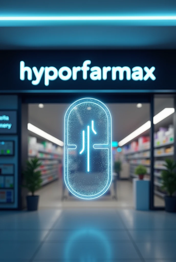 Futuristic logo about medicines for a pharmacy photo of the pharmacy with it name of the pharmacy hypoorfarmax