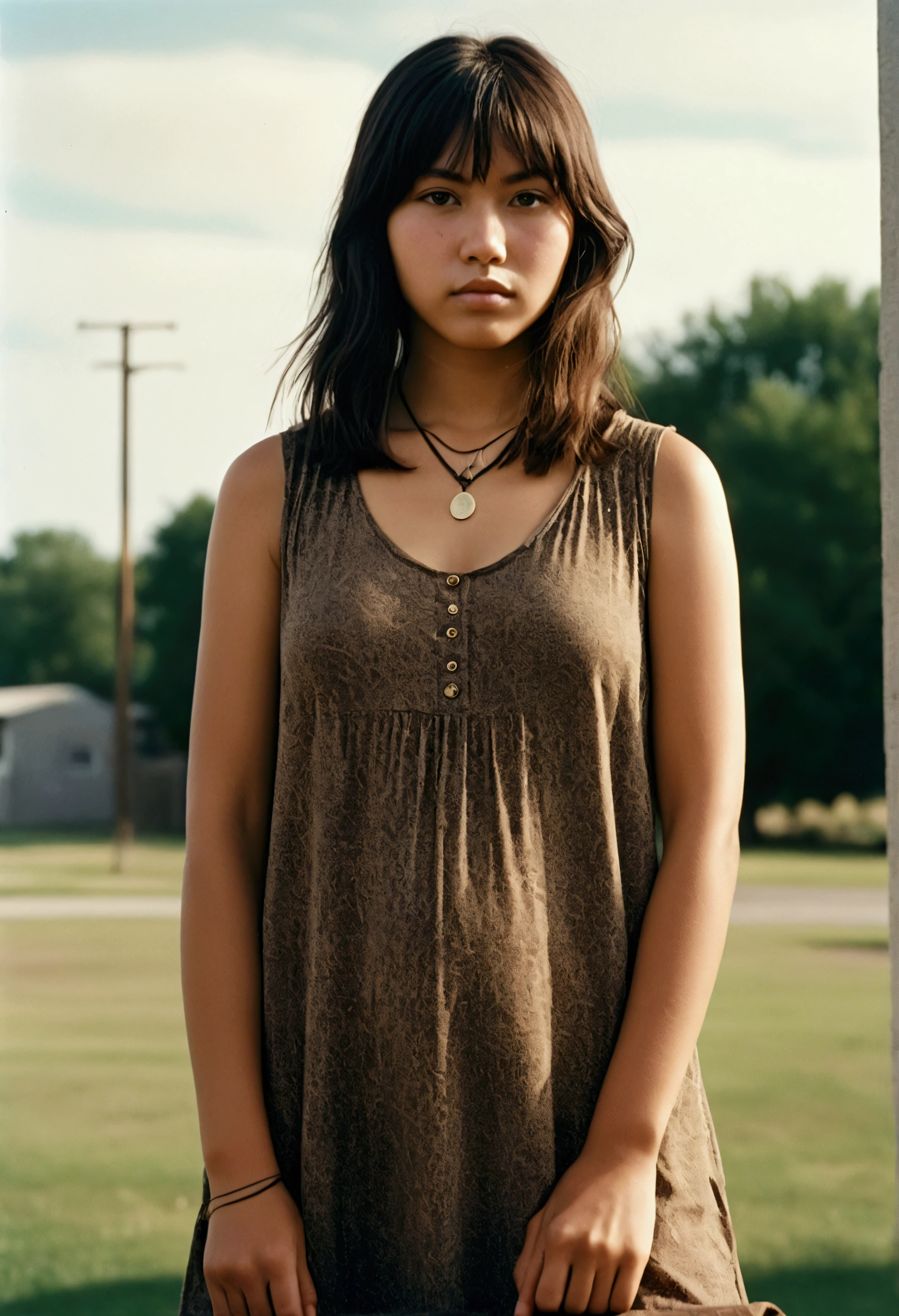 analog film photograph, photo of a modern Sioux woman, 18-years-old, long, amazonian stature, athletic hourglass figure, busty breasts, narrow waist, full wide hips, big round buttocks, wearing a loose tunic dress, tan complexion, amber eyes, dark hair, thick shaggy bangs, posing on a pedestal, RAW Photograph, dslr, soft lighting, high quality, film grain, Fujifilm XT3, detailed skin with visible pores, insane details, masterpiece, 8k, 35mm photograph, dslr, kodachrome, faded film, desaturated, grainy, vintage, Lomography, stained, highly detailed, found footage