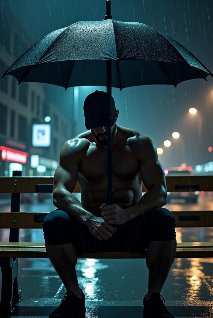 A gym man sitting on a bench on the street, in the rain holding an umbrella, with cap looking down at night Observation: the image has to be from the front