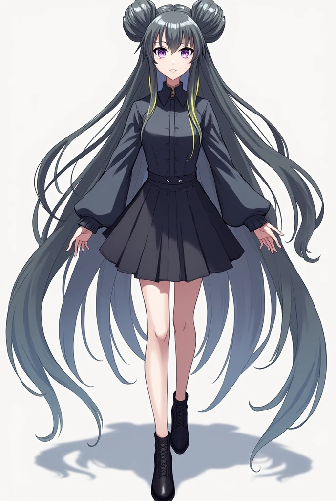 Create a full-body illustration in the art style of Bleach featuring a seraphim woman with white skin and long hair styled in two dark gray buns with yellow streaks scattered throughout. She has five eyes, with light purple pupils. She wears a high-collared, long-sleeved dark gray shirt, a short dark gray skirt, and black shoes.