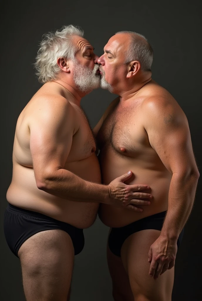 Make a chubby old man with no shirt and no underwear kissing on the mouth of another chubby old man with no shirt and no underwear having sex